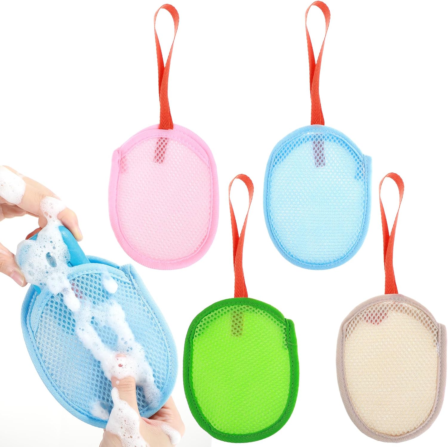 4 Pcs Mesh Soap Bag, Exfoliating Soap Pouch, Soaps Loofah Pouch for Women and Men, Bar Soaps Scrubber Pouches for Shower Bathing Accessories (Blue, Pink, Green, Khaki)