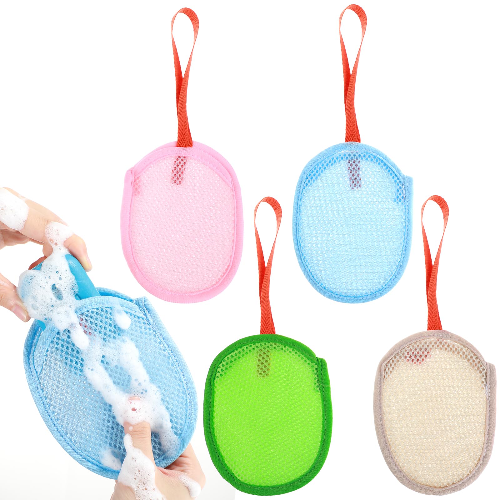 Bolsas de jabón de red para limpieza corporal, exfoliantes suaves, esponjas de baño con asa (azul, rosa, verde, caqui)