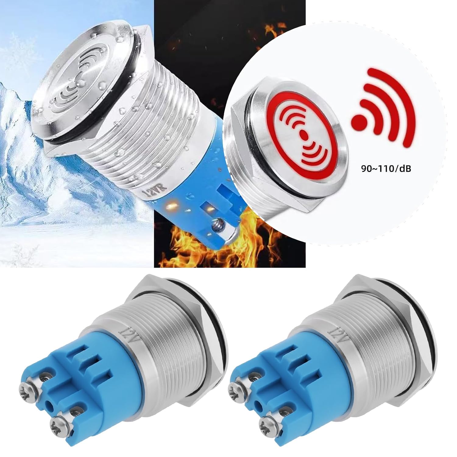 ECSiNG 2Pcs 12V 22mm Waterproof Flash Buzzer LED Flash Alarm Intermittent Indicator Light for Electrical Control Panel image 2