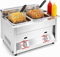 Kommerzielle Gas-Fritteuse mit Korb und Deckel, 2 x 6 L Edelstahl Fritteuse | 60.3x46x33.5cm UL-zertifiziert LPG 122-716°F Temperatur Gewerbliche Doppel Robuste für Gastro Restaurants Snackbars Heimküche