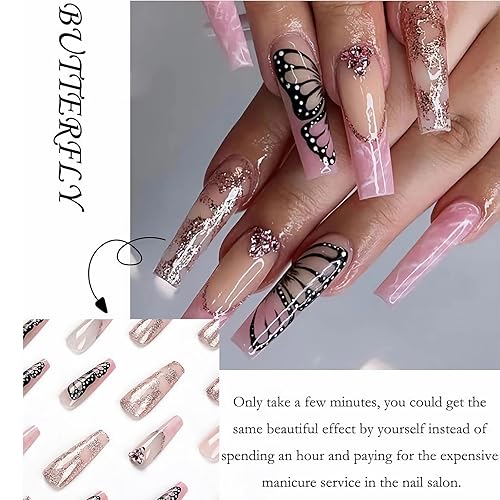 Miniatura 4 de Uñas postizas a presión de bailarina, uñas postizas largas con forma de ataúd de mariposa negra, uñas acrílicas rosas mate, uñas acrílicas de