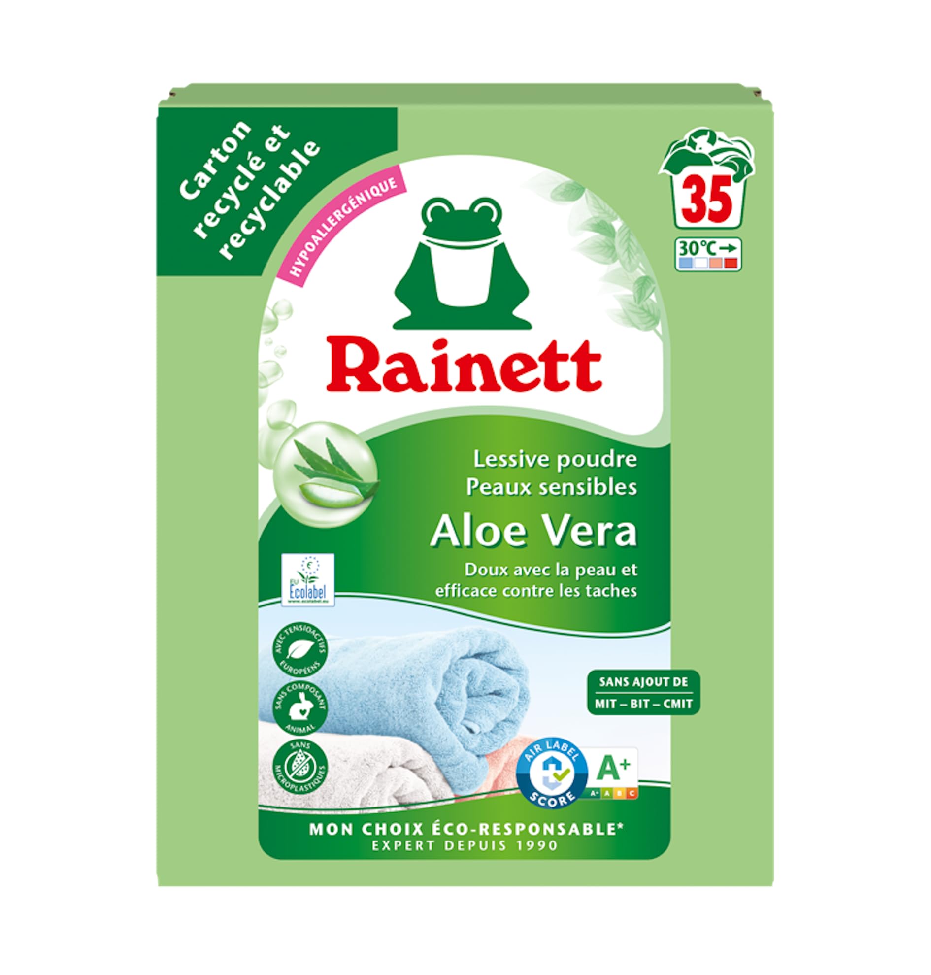 RAINETT - Lessive Poudre Peaux Sensibles - Formule Hypoallergénique - Tensioactifs d'Origine Végétale - Carton Recyclé & Recyclable - Ecolabel - Aloe Vera - 35 Lavages - 2,345 kg