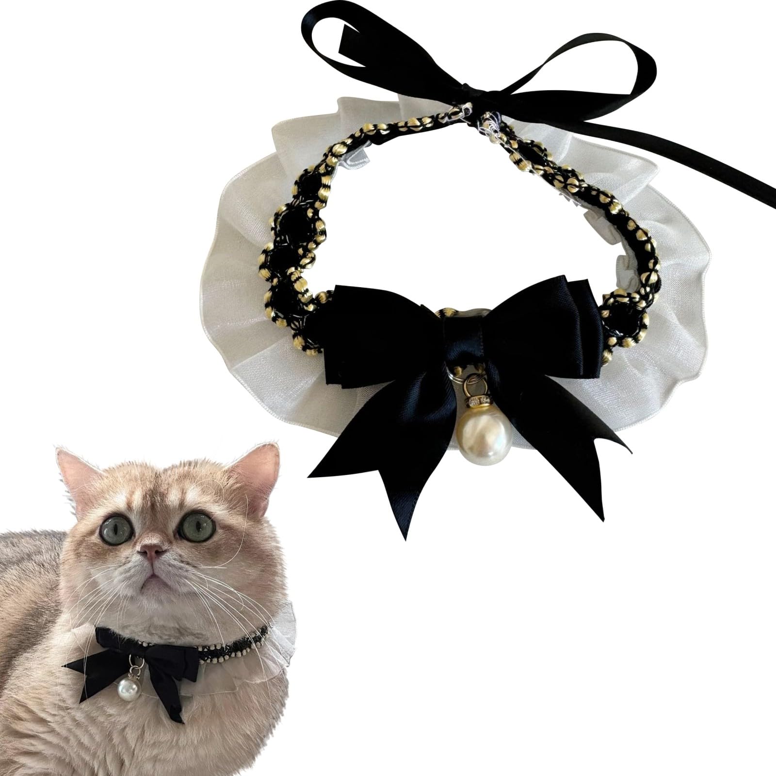 Hikiwin Elegant Lace Cat Collar with Cute Bow,Kitty Necklace with Bow Tie and Pearl,Pet Lace Bib Collar with Cute Bow,Cat Princess Costumes,Black,1 Piece