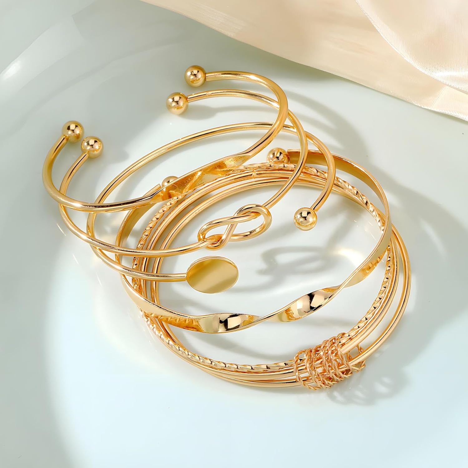 5Pcs Gold Bangle Bracelets for Women Stackable Bangle Cuff Bracelets Gold Knot Twist Bracelets Boho Gold Bangle Set Multi-layered Gold Cuff Bracelet Minimalist Jewelry - Image 4