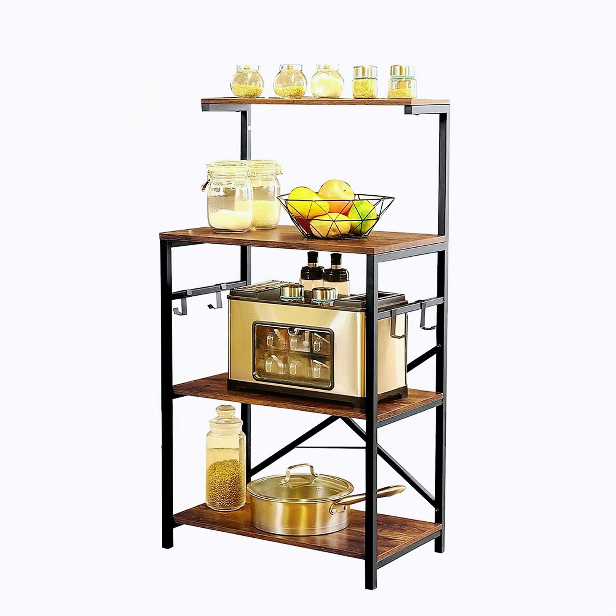 XECUSFST Bakers Rack Microwave Stand 4-Tier Kitchen Shelf Coffee Cart with 4 Hooks，Large Capacity Utility Kitchen Storage Cart with Microwave Stand，Stable Retro Metal Frame Rustic Brown…