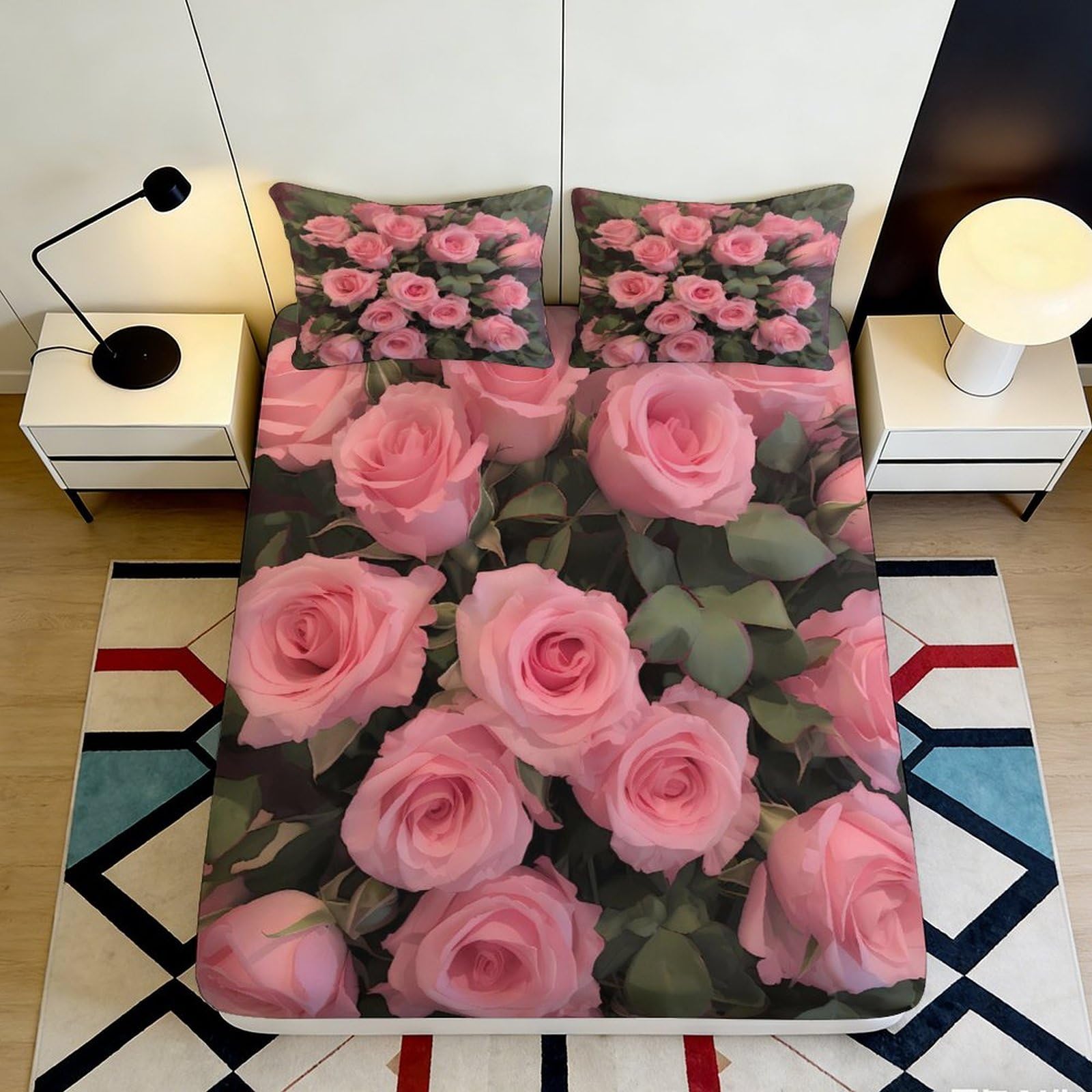 3D Printed Pink Roses Fitted Sheet, Microfiber Soft Touch, Wrinkle Resistant, Bedroom & Guest Room Bedding, Easy Care, Bed Protection, 115 chars 90x200x25cm