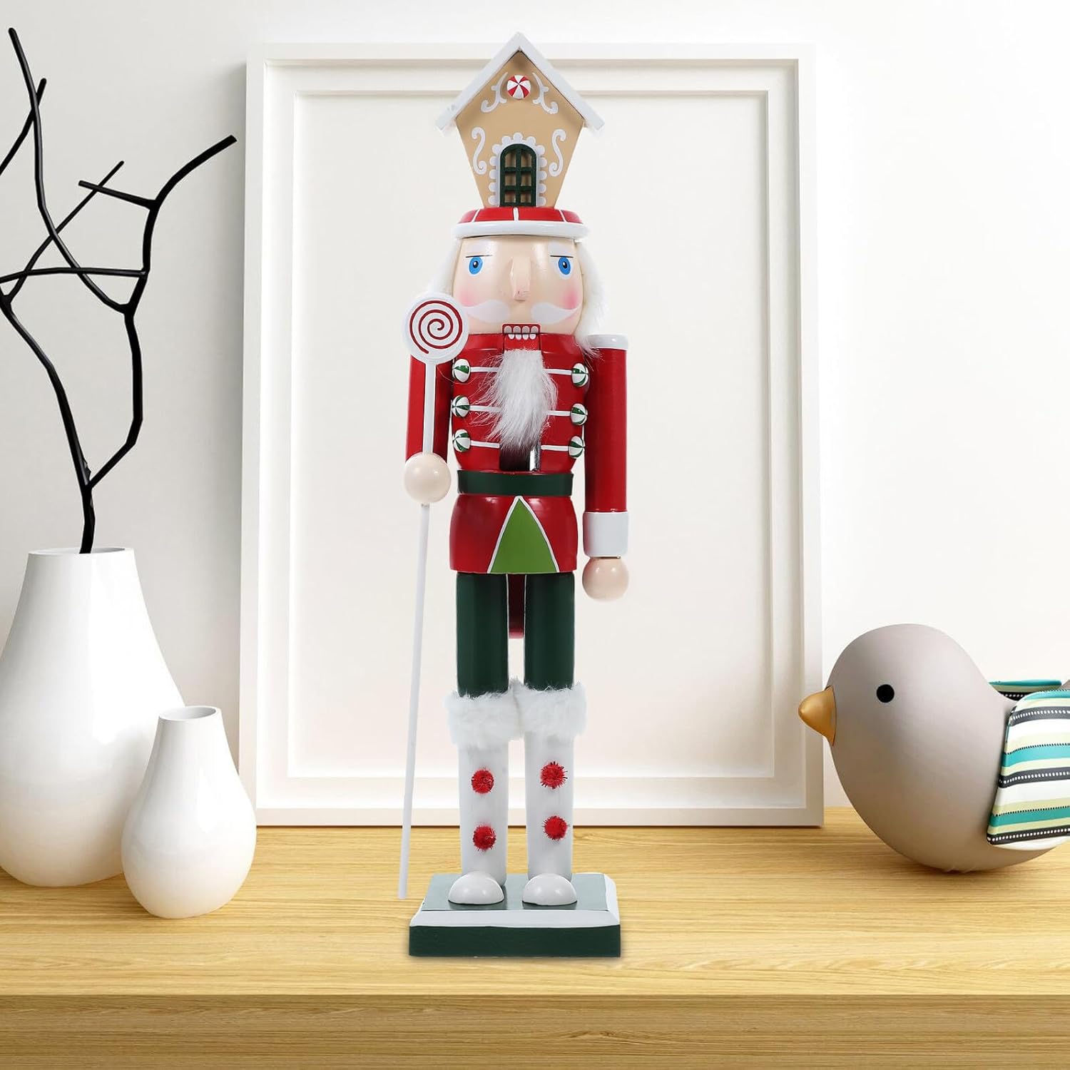 Wooden Nutcracker Puppet Figurine Christmas Nutcracker Display Piece Decorative King Statue Holiday Shelf Decor for Home and Party