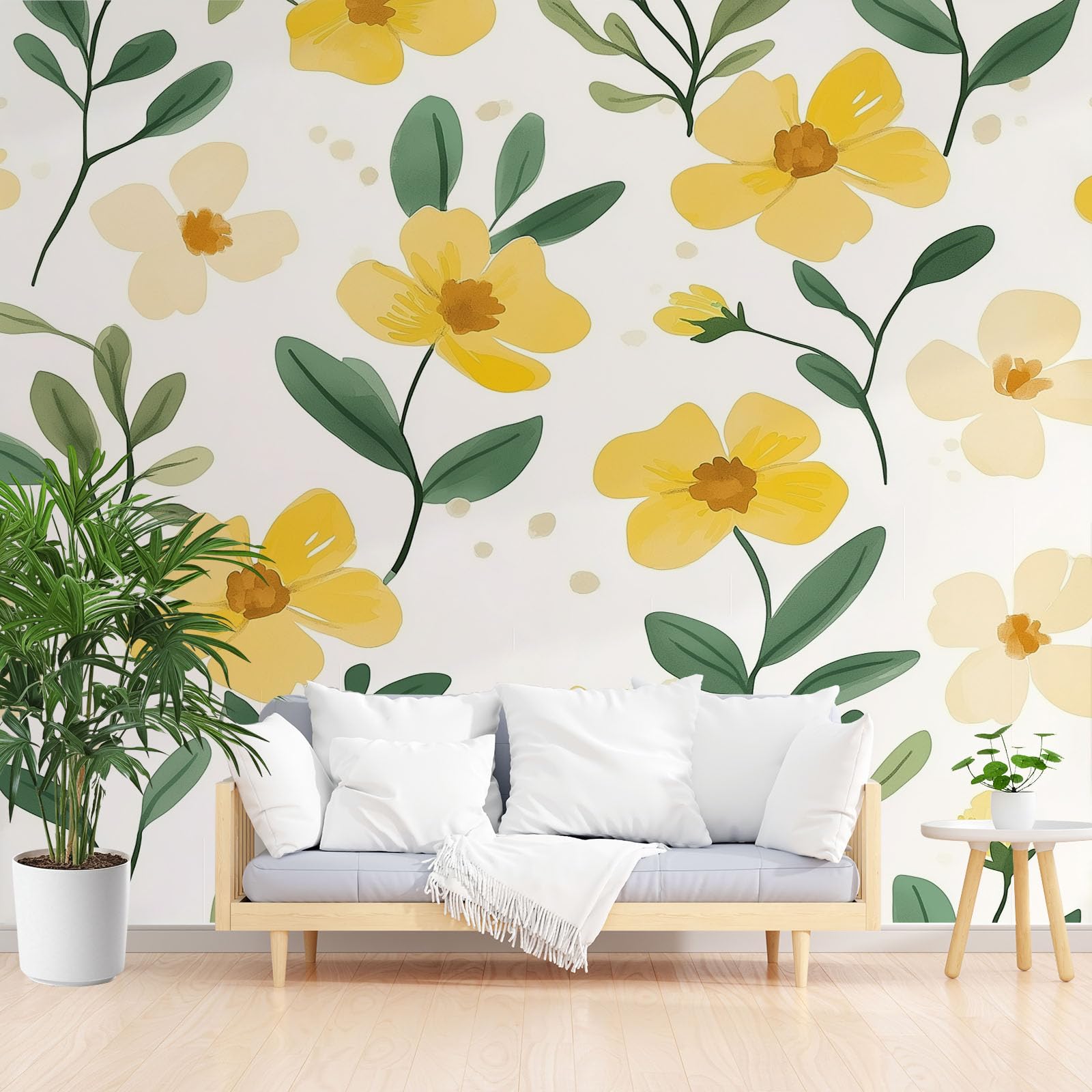 Papier peint impermeable jaune floral 3D lavable pour protection et decoration salon