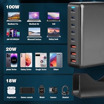 430W Caricatore USB Multiplo,8 Port GaN Ⅳ 100W PD Caricabatterie Multipla PPS QC Alimentatore USB C Stazione di Ricarica Multipresa per MacBook Air/Pro Laptop iPhone iPad Samsung SteamDeck-Nero