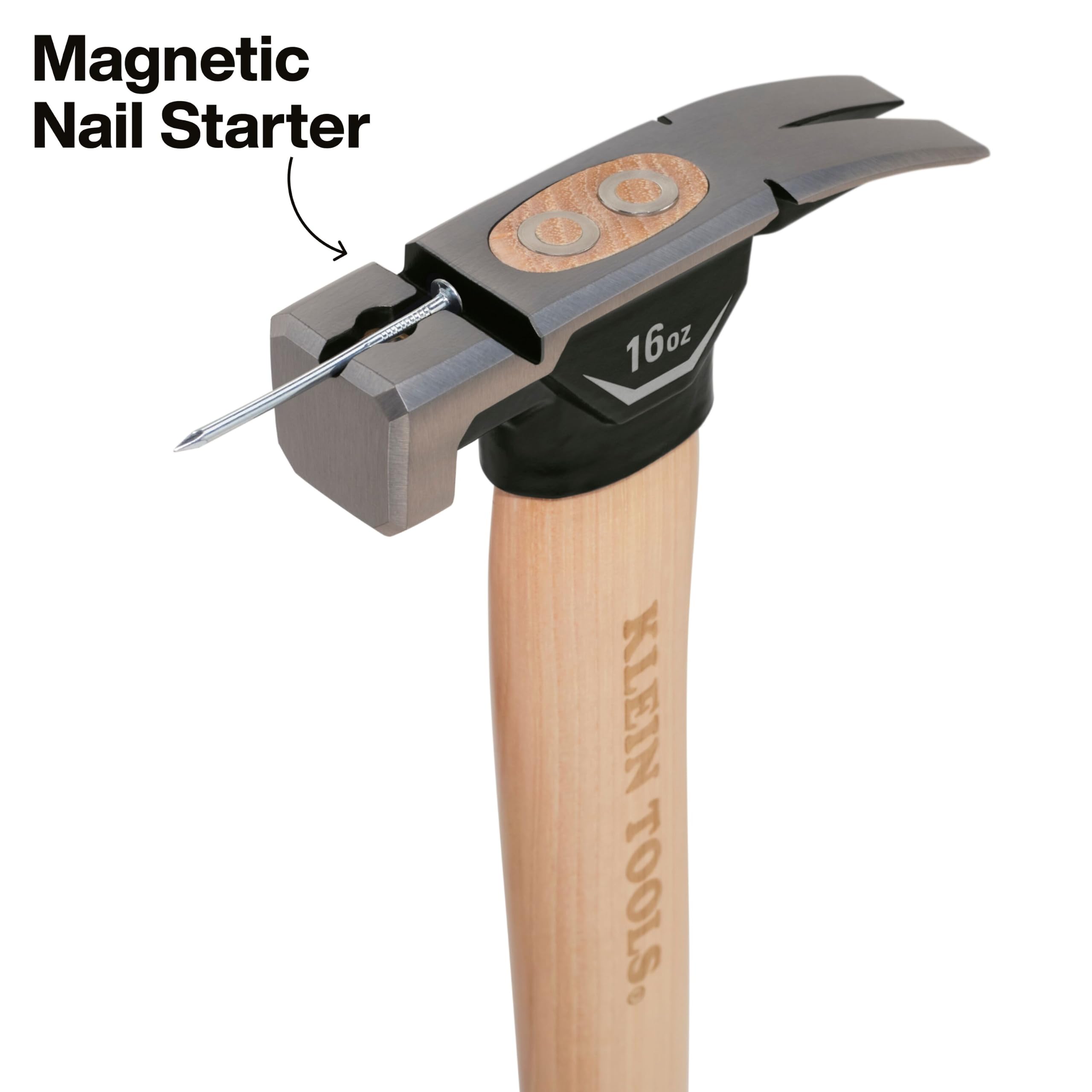 Klein Tools H80916HS Marteau à tête lisse avec griffe droite, acier forgé de 473,6 g, manche en hickory, style de cadre californien, démarreur de clou magnétique et surface de frappe carrée extra