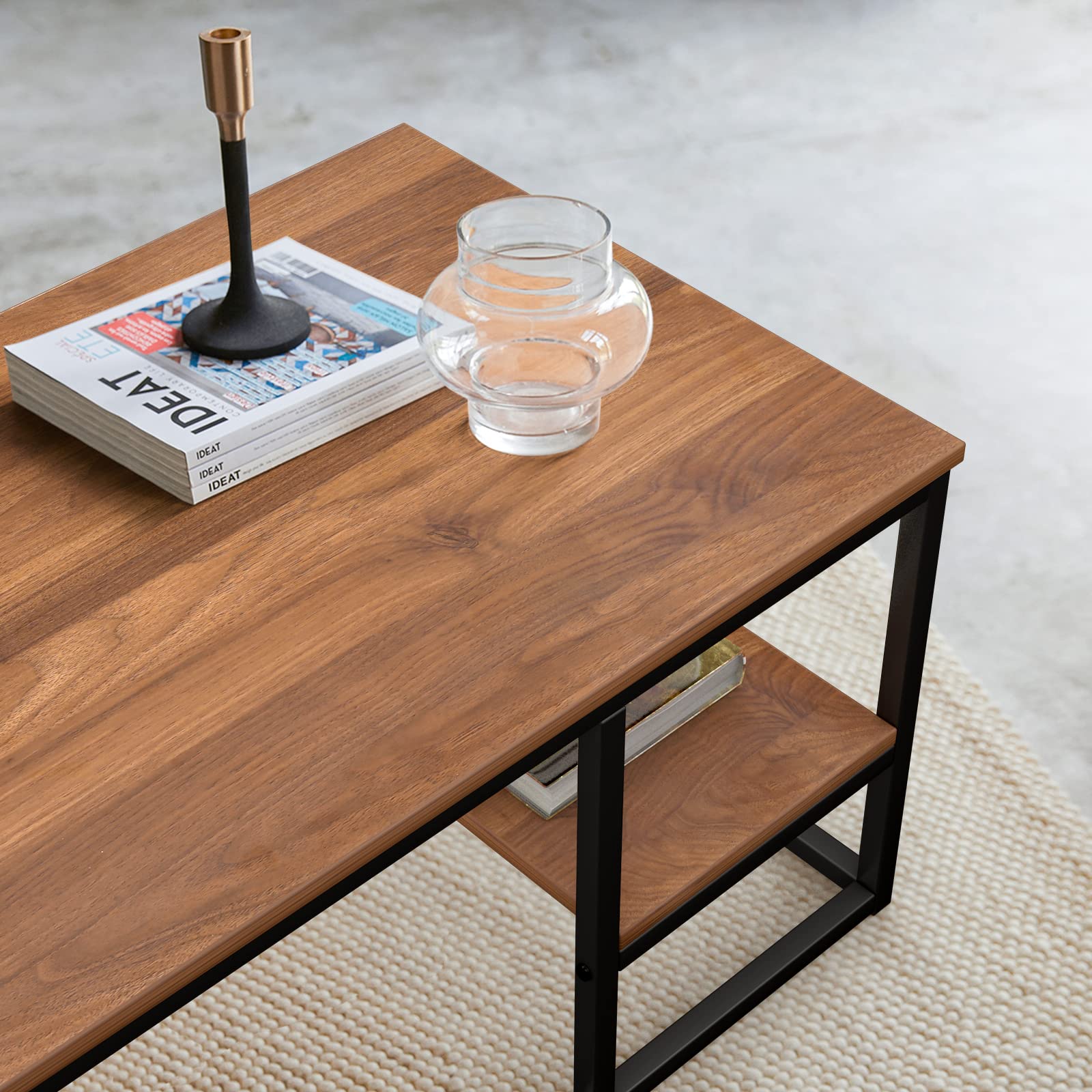 VOWNER Tavolino, Tavolo da Salotto, Tavolino con Struttura e Ripiano in Acciaio, Design Industriale, Stile Scandinavo, Facile da Montare, Tavolino da Divano in Legno, Colore Noce