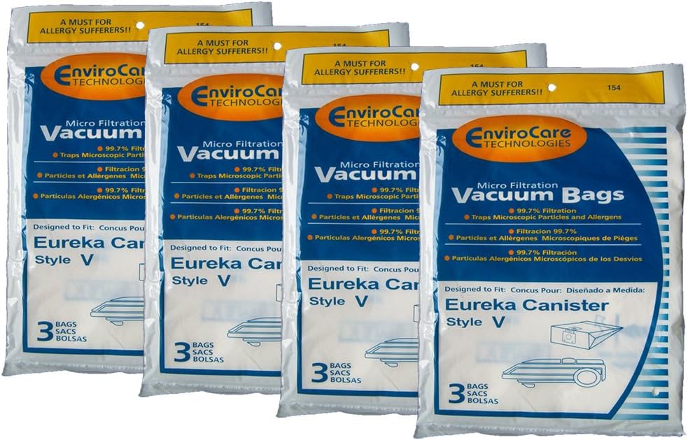 12 Eureka Allergy Style V Vacuum Bags, Power Team, Powerline, Canisters, World Vac, Home Cleaning System Vacuum Cleaners, 3800, 3900, 6700, 6800, 6865, 8000, 8200, 8900, 52358, 52358-12, 576898-12 (Fi