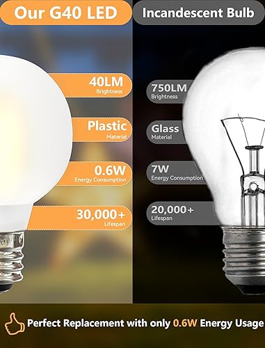 Miniatura 3 de Paquete de 25 bombillas LED G40 esmeriladas, bombillas LED inastillables de repuesto para luces de cadena de luces interiores y exteriores, base de