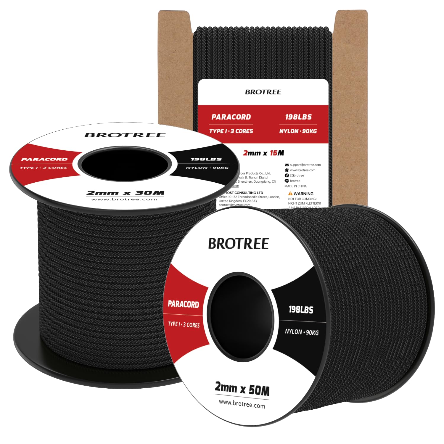 Brotree 2mm Paracord 3 Strands 30M 100% Nylon Rope Parachute Cord for Outdoor, Craft, DIY - 90kg Breaking Load (Black)