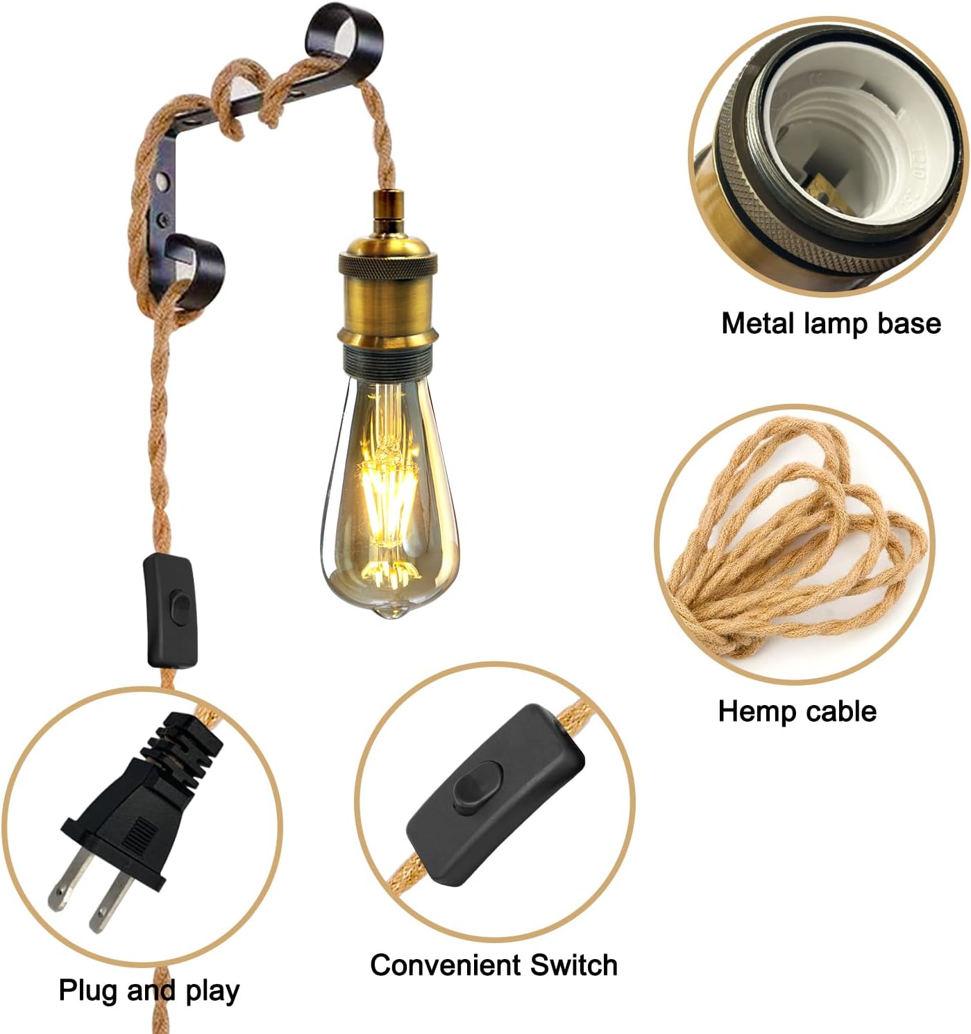 16.7ft Pendant Light Cord Kit, Brass Hanging Lights with Plug in Cord, E26 E27 Socket Plug in Pendant Lamp with Switch Vintage Hemp Rope Pendant Light Fixture for Farmhouse Lamp Fixture DIY