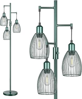 Dimmable Industrial Floor Lamps for Living Room, Green Tree Standing Tall Lamps with 3 Elegant Teardrop Cage Head & 800 Lumens LED Bulbs for Bedroom Office