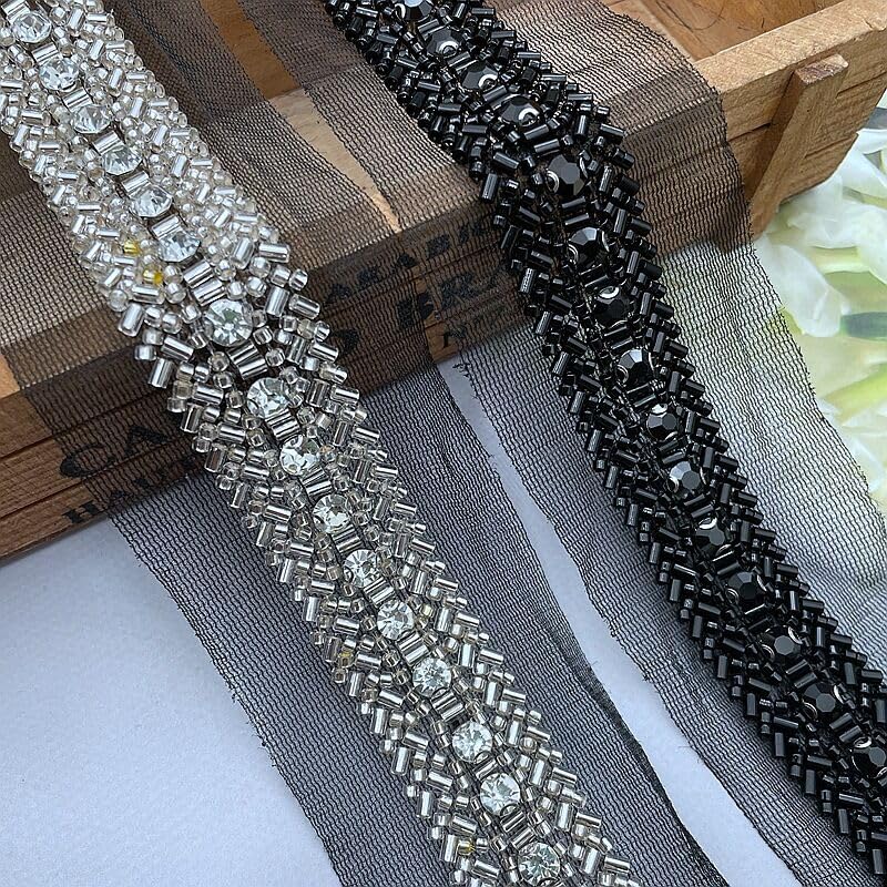 beading trim for dresses Yulakes 2 Yards Black White Pearl Trims Beaded Lace Collar Ribbons Lace Sewing Materials Crafts Clothes Belts Wedding Dress (Black) Size Tunic:XL The halter neckline adds Dbest Norma Kamali Diana Gown