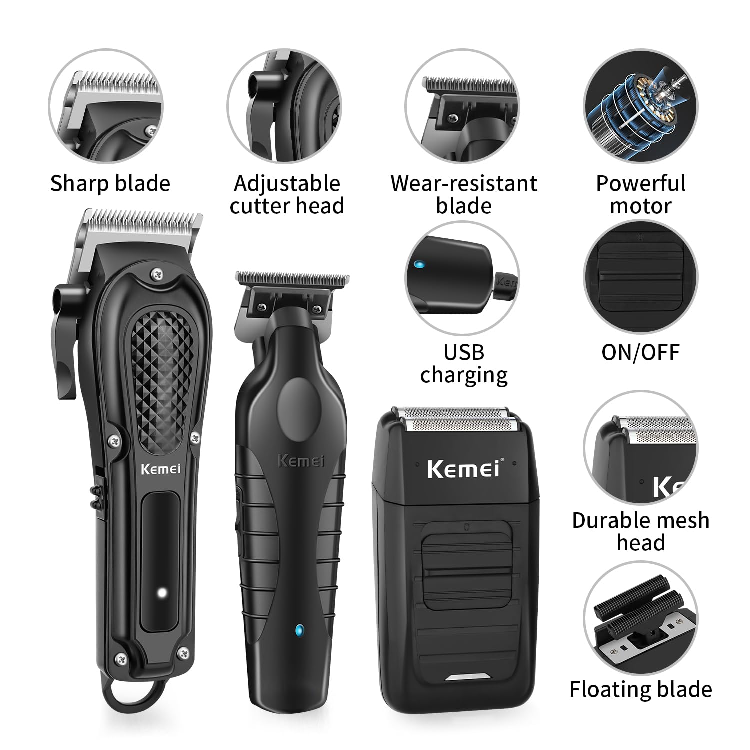 KEMEI Professionelles Haarschneidemaschine Set für Männer, schnurloses Haarschneidemaschine Kit mit Bartschneider & Folienrasierer, R-Type verstellbare Klinge, Baber Clipper, Haarschneide-Kit