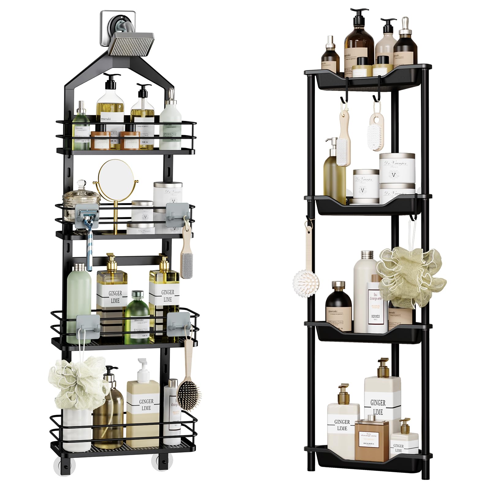 Orimade Over Shower Head Caddy Bundle with Shower Floor Stand With Hooks for Hanging Razor and Sponge Bathroom