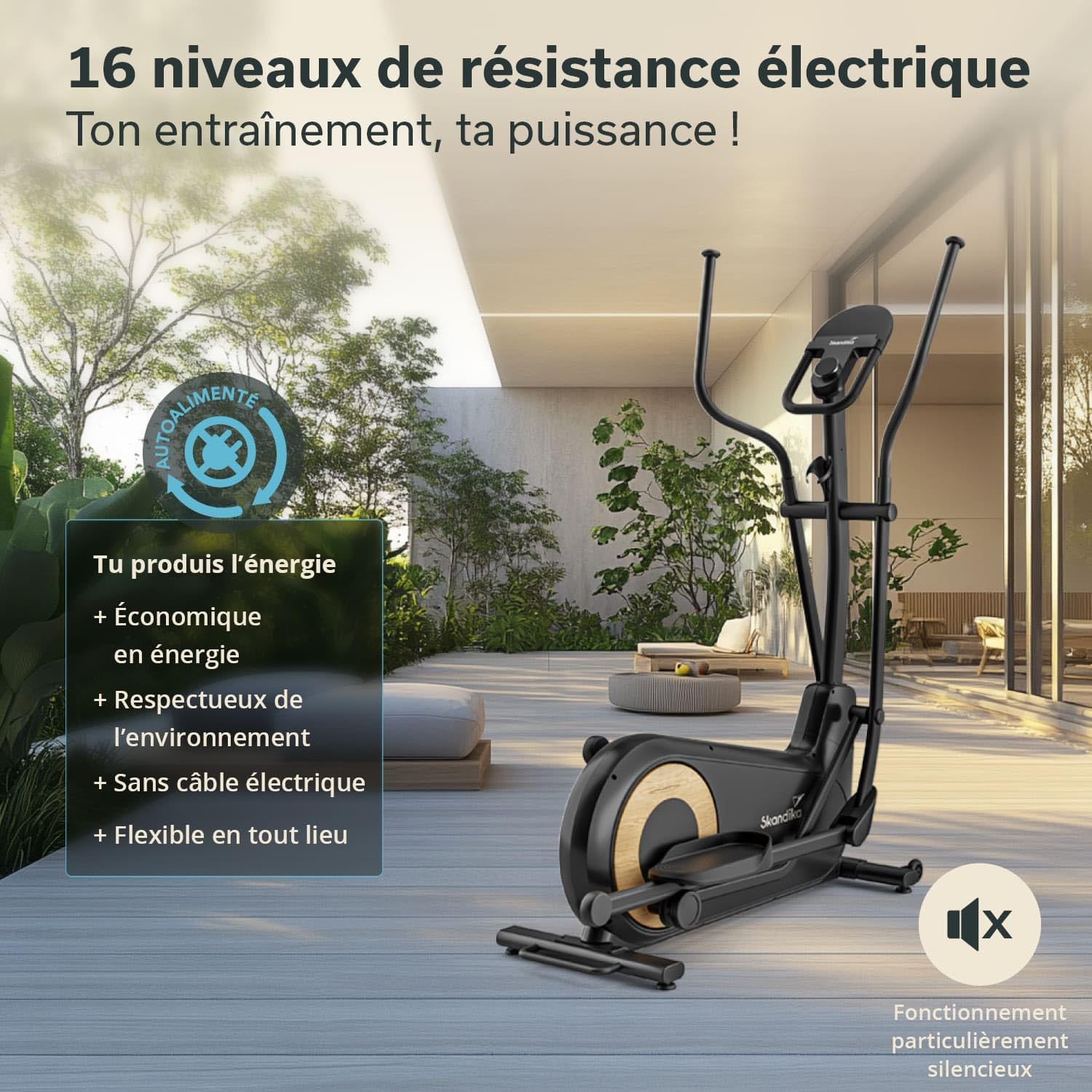 Skandika Vélo elliptique Carbon P24-RG, Vélo elliptique d'appartement, 16 Niveaux de Résistance, Auto-alimenté, Frein Magnétique, Écran LED, Bluetooth, Kinomap, Masse d'inertie 24KG, Max 150KG