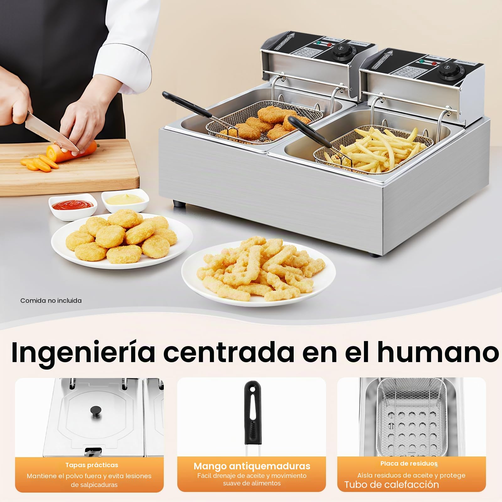 Freidora Eléctrica Profesional 2.5KW+2.5KW, Doble Tanque 12L con Escurridor, Cesta y Tapa, Acero Inoxidable Freidora Eléctrica Comercial para Restaurantes Comerciales