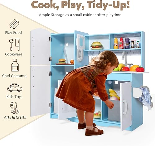 Miniatura 3 de Juego de cocina de madera para niños, modernos juegos de cocina de madera con estufa iluminada, horno, microondas y máquina de hielo, cocina de
