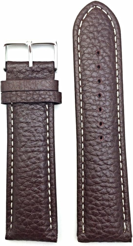 NewLife 26mm Long, Dark Brown Genuine Leather Watchband | Shrunken Grained, Medium Padded Replacement Wrist Watchstrap with White Creamy Colored Stitches that brings to Any Watch (Mens Long Length)