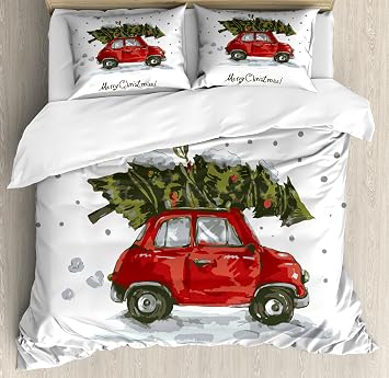 Ambesonne Christmas Duvet Cover Set, Retro Style Car Xmas Tree Vintage Family Style Illustration Snowy Winter Art, Decorative 3 Piece Bedding Set with 2 Pillow Shams, Queen Size, Green Vermilion