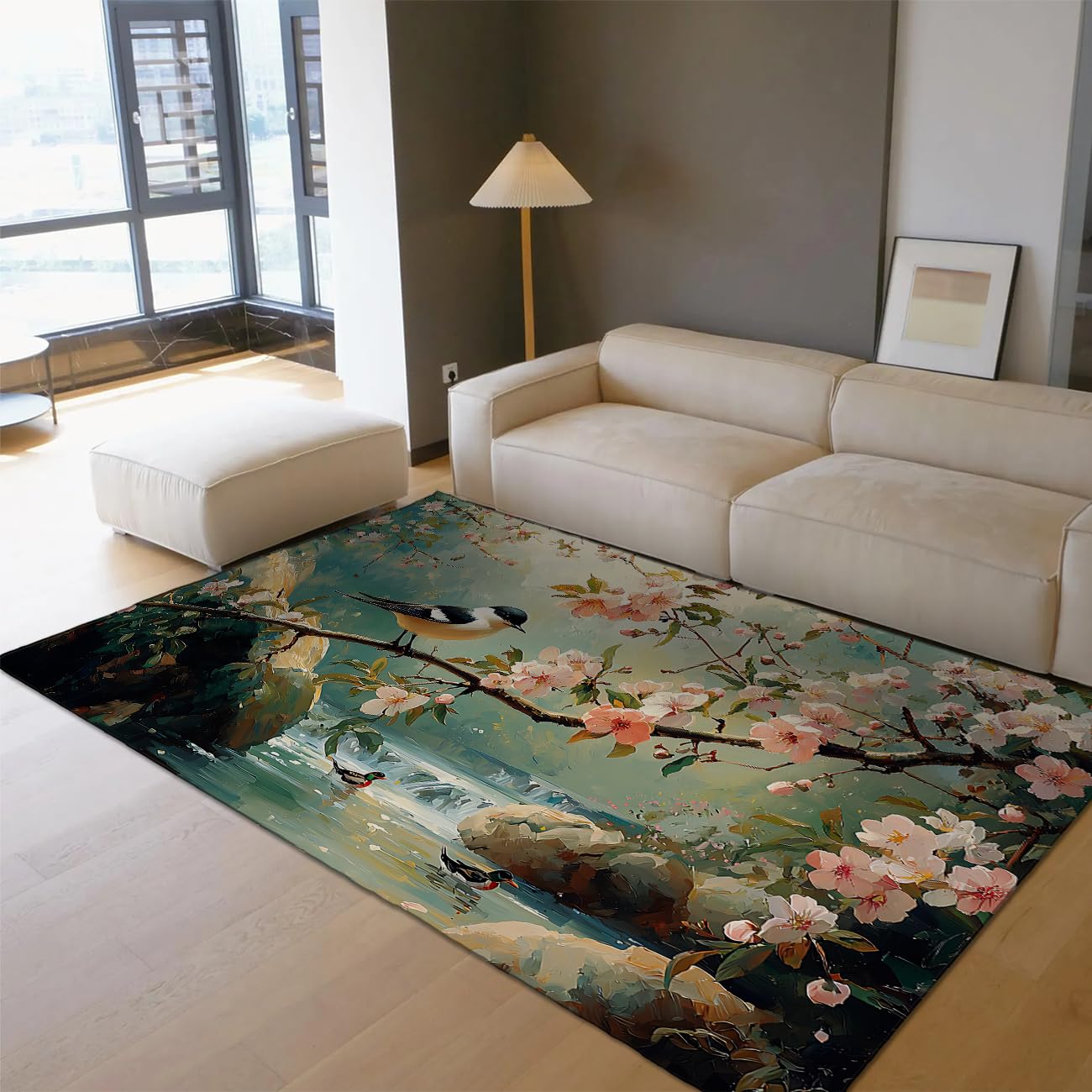 Tapis fleurs cerisier 60x120cm avec dossier antidérapant sécurisé et lavable en machine