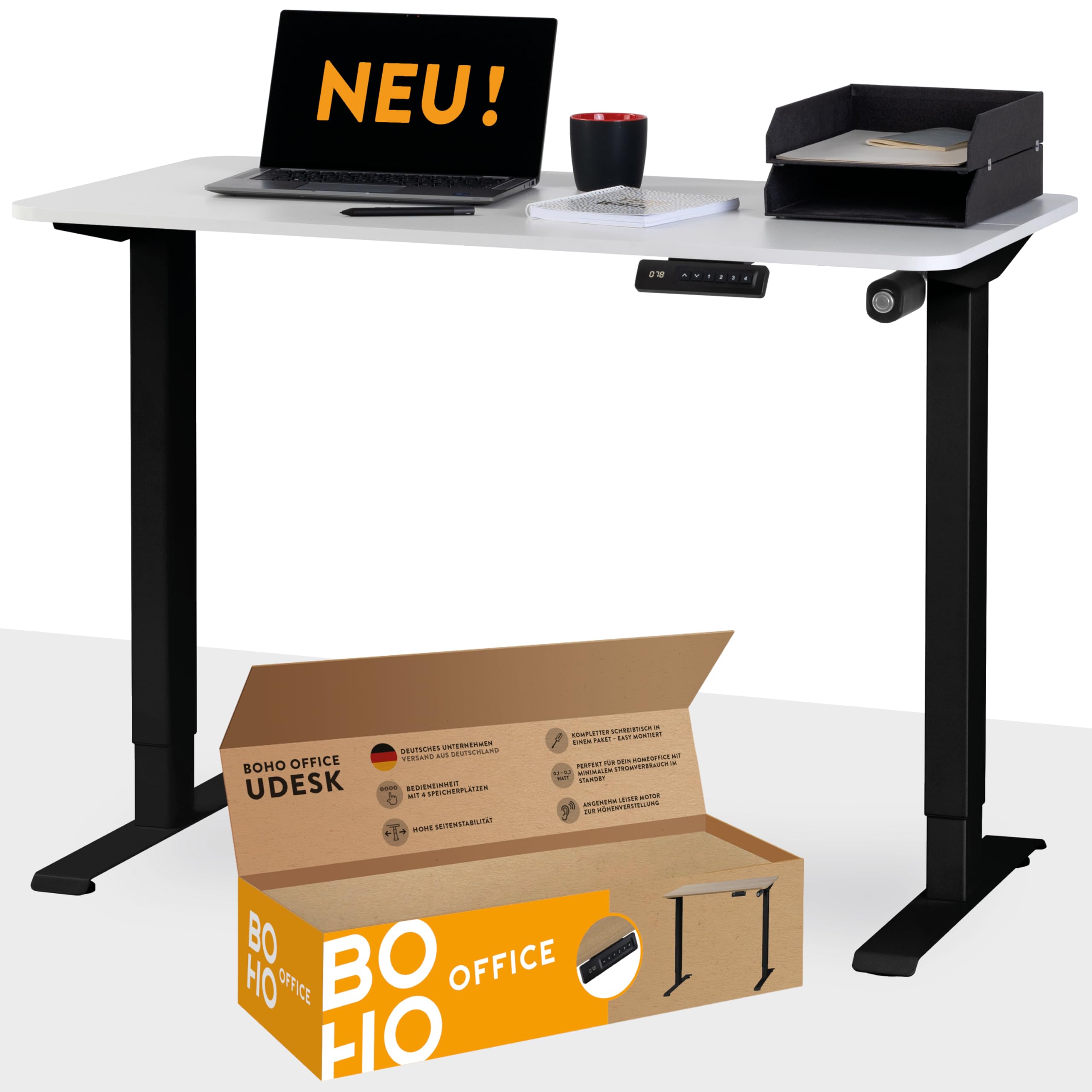 boho office® Elektrisch höhenverstellbarer Schreibtisch - 4 Speicherplätze und FSC-zertifizierter Tischplatte mit abgerundeten Ecken, UDESK Weiß/Schwarz