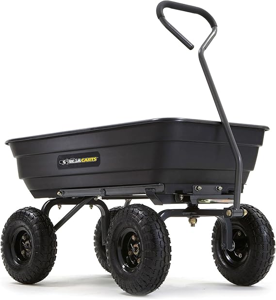 Gorilla Carts Poly Garden Dump Cart with Easy to Assemble Steel Frame, Camping Beach Wagon w/Quick Release System, 600 Pound Capacity, & 10 Inch Tires