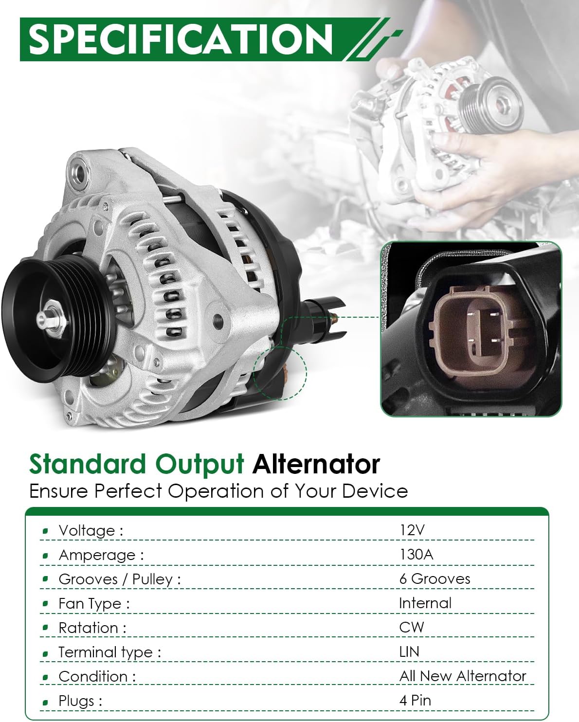 Upgraded Alternator for:-Honda Odyssey 2002 2003 2004 3.5L, Pilot 2003-2004, for:-Acura MDX 2001-2002 3.5L V6, 12V 130Amp 6-Groove Pulley Clockwise Replace OE# 31100-PGK-A01, 13918N (ALL NEW)