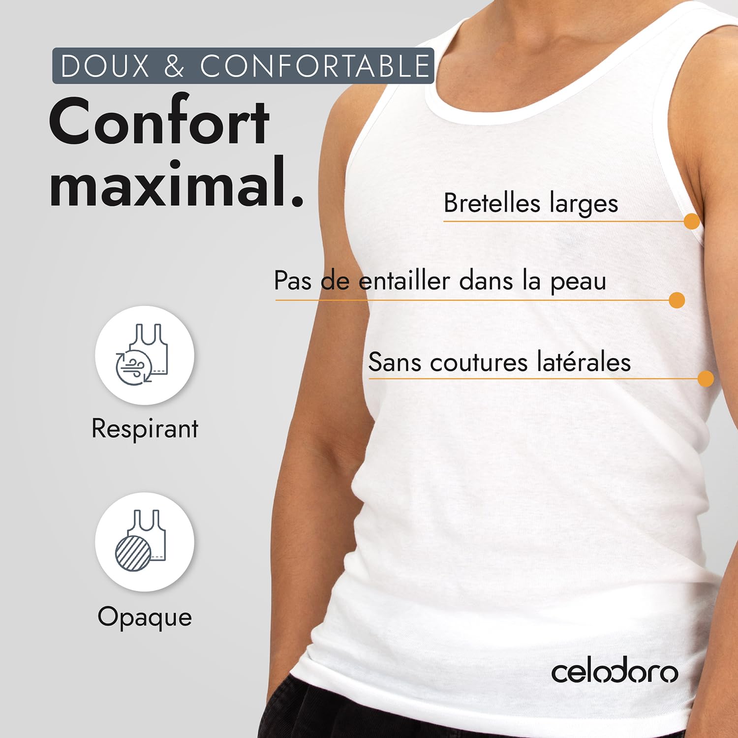 Original Celo Doro Exclusive Lot de 5 débardeurs blancs – maillot de corps pour côtes fines (lisse) – veste de sport – 100% coton – meilleurs standards qualité – pré-rétréci