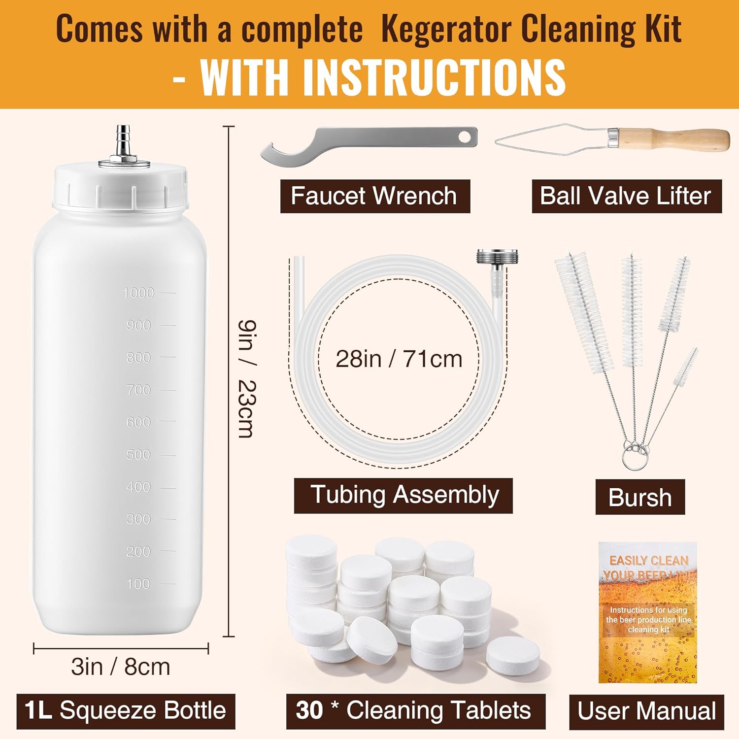 Kegerator Cleaning Kit, Beer Line Cleaner with 30 Cleaning Tablets, Keg Cleaner Kit - Metal Coupler Hose, Squeeze Bottle, Wrench, Detailed Instructions & Brewage Tap Brush, Beer Line Clean