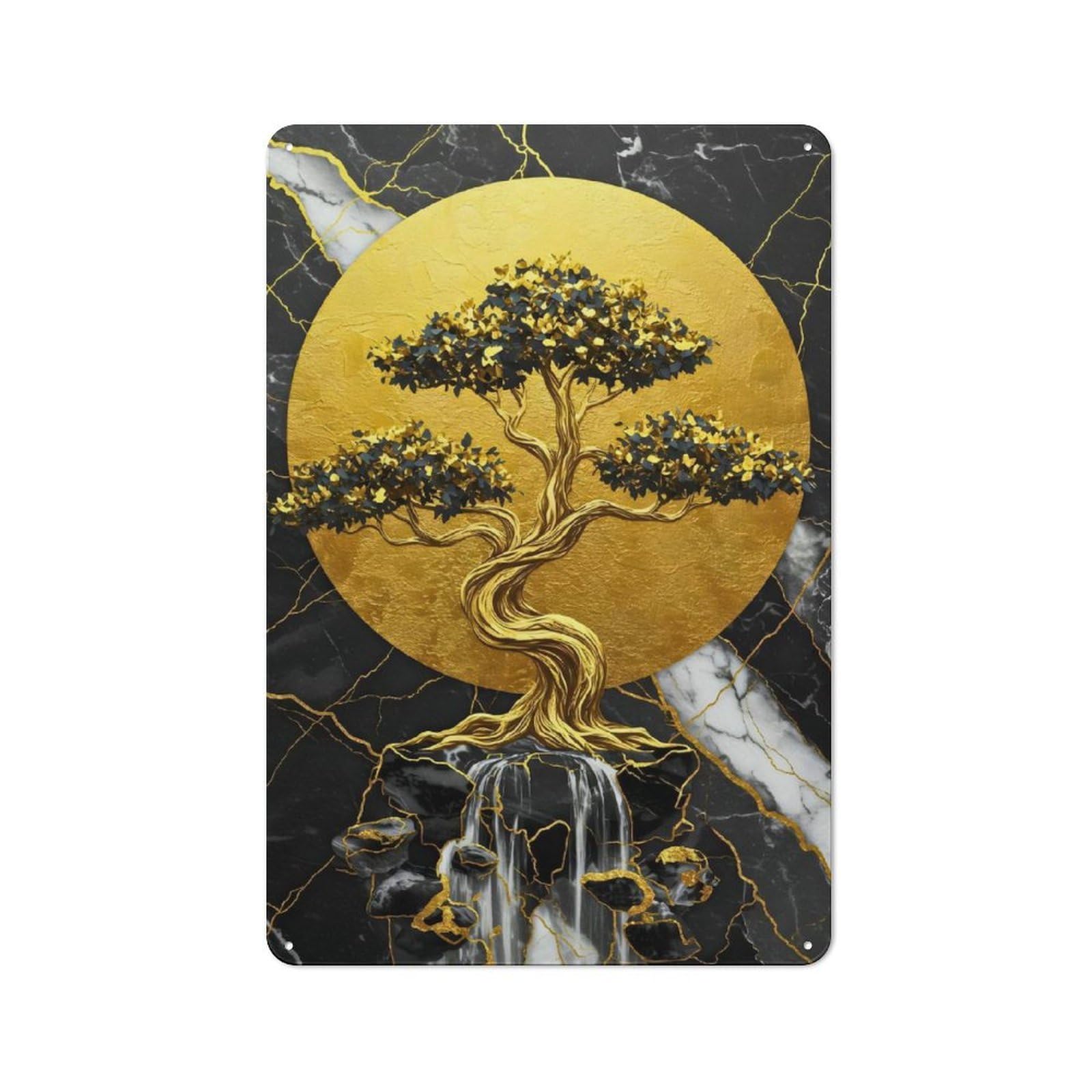 Junmoney Golden Bonsai Tree With Waterfall 30X20cm Retro-Style Tin Sign With For Café Or Home Bar, For Metal Sign Collectors, For Garage And Workshop Walls