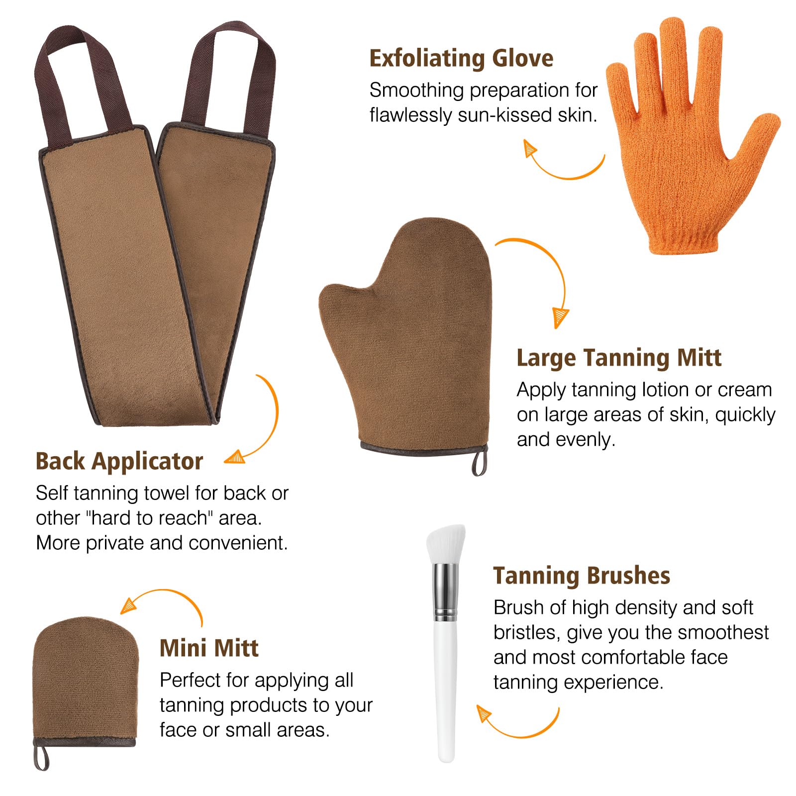 Luxspire Self Tanning Mitt Applicator Kit, 5 in 1 Soft Tanner Mitt Set with Exfoliating Glove, Back Lotion Applicator, Face Makeup Brush, Mini Finger Face Self Tanner Mitt for Lotions, Mousses, Creams