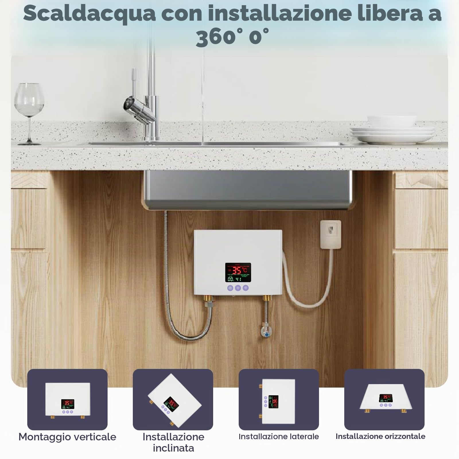 Mini Scaldabagno Istantaneo,Scaldabagno istantaneo elettronico, scaldabagno elettrico istantaneo basso consumo con display temperatura a LED,scalda acqua elettrico 220V,scalda acqua istantanea (3KW)