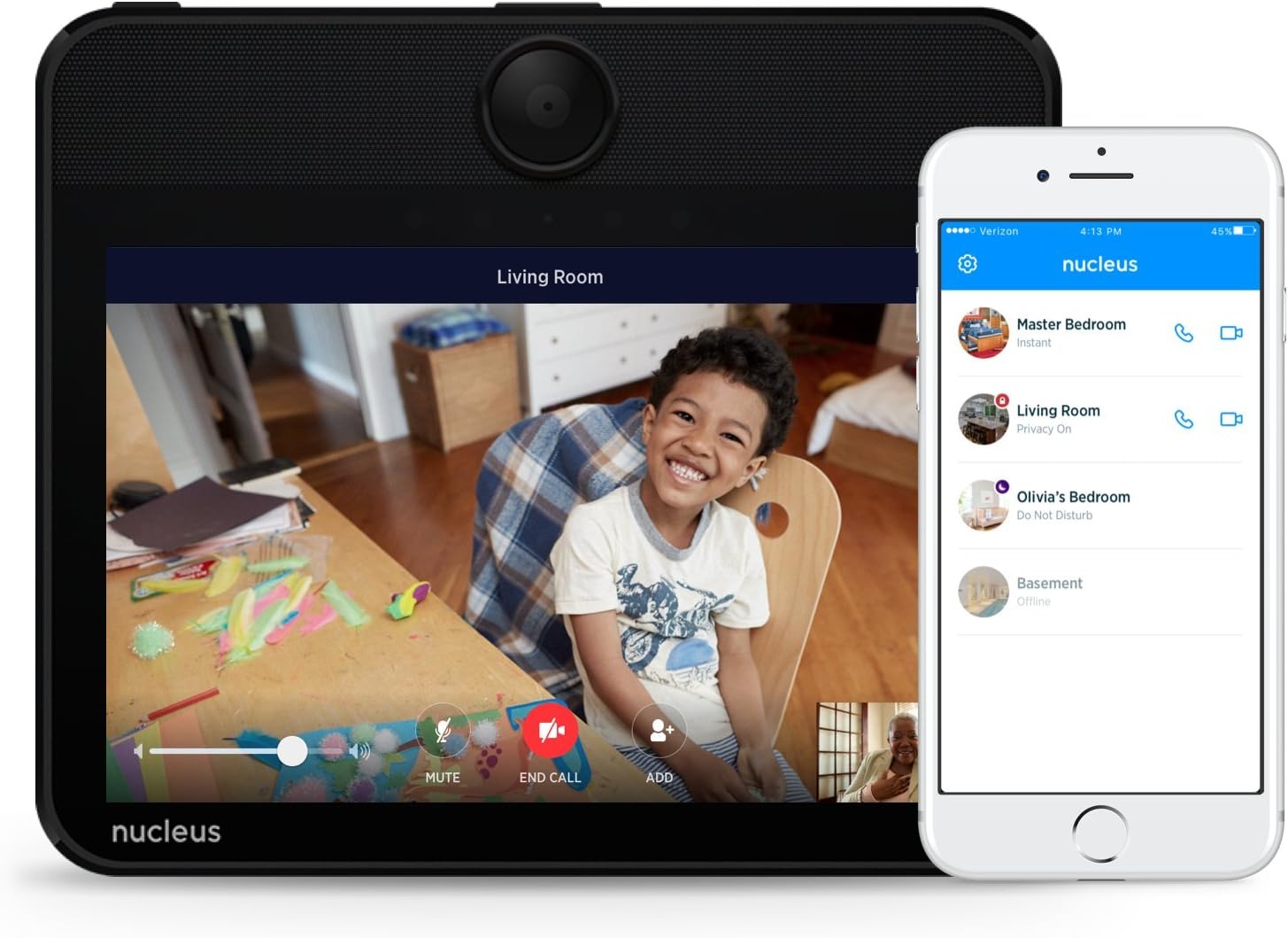 Nucleus Anywhere Intercom displaying a video call alongside a smartphone showing the Nucleus mobile app interface.