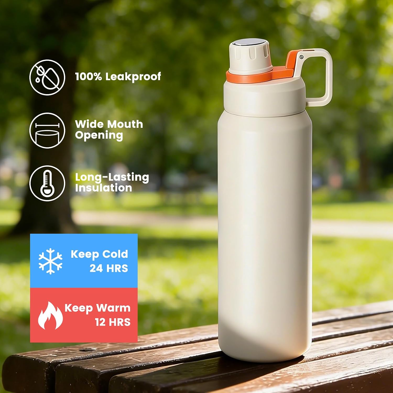 30oz Insulated Water Bottle, 900ml Stainless Steel Vacuum Bottle with Handle & Direct Drinking Spout, Leak-Proof, 24H Cold & 12H Warm, for Gym, Work & Outdoor, White
