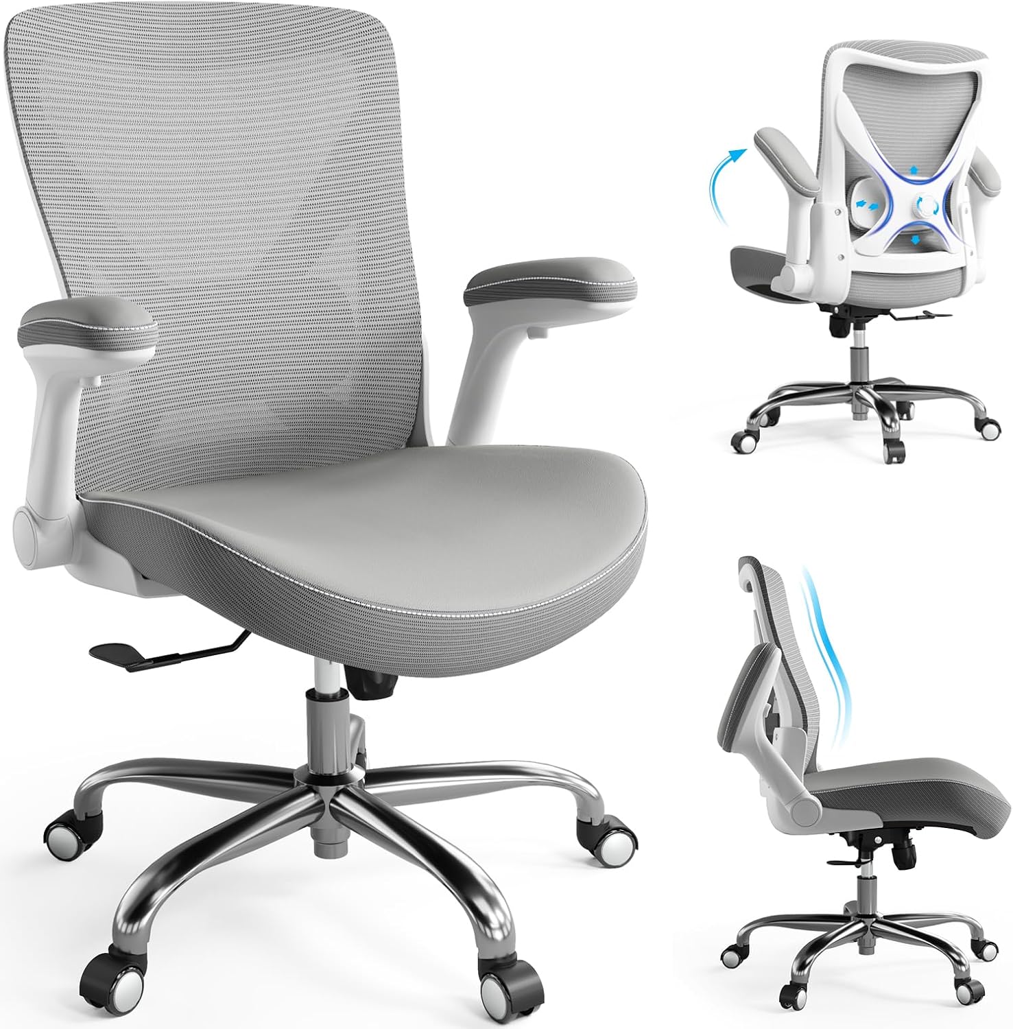Ergalithic Office Ergonomic Home Chair-Computer PU Leather X-Shaped Desk Chair-Gaming Chair with Adjustable Flip-up Armrests Lumbar Support Mesh Executive Chair for Long Hours Office(Grey)