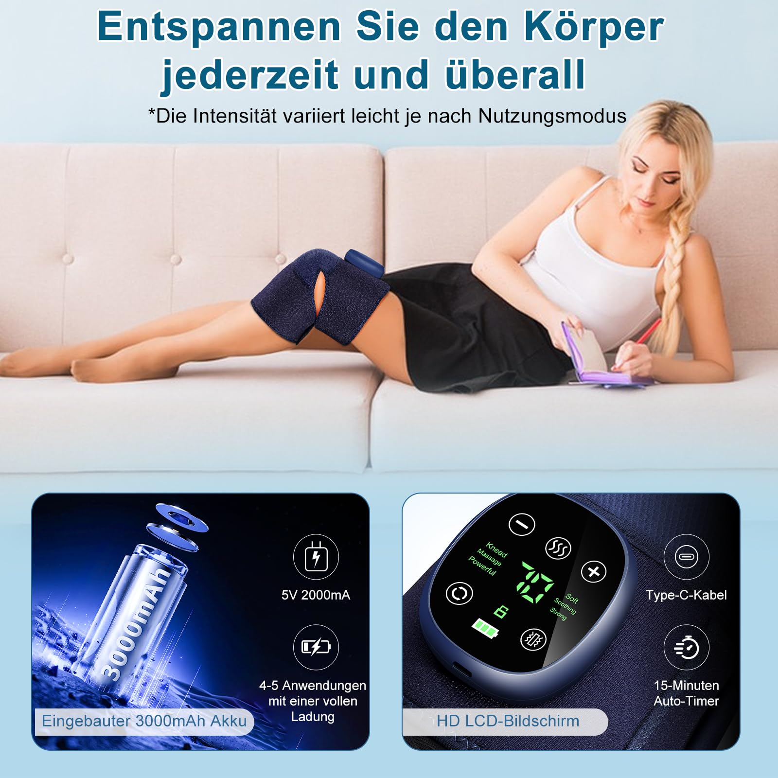 Kabelloses Knie Massagegerät mit Wärme & Luftdruck, Elektrischer Kniemassageier mit 6 Heizstufen 9 Modi zur Linderung von Knieschmerzen, Arthrose Sportverletzungen, für Knie Ellenbogen