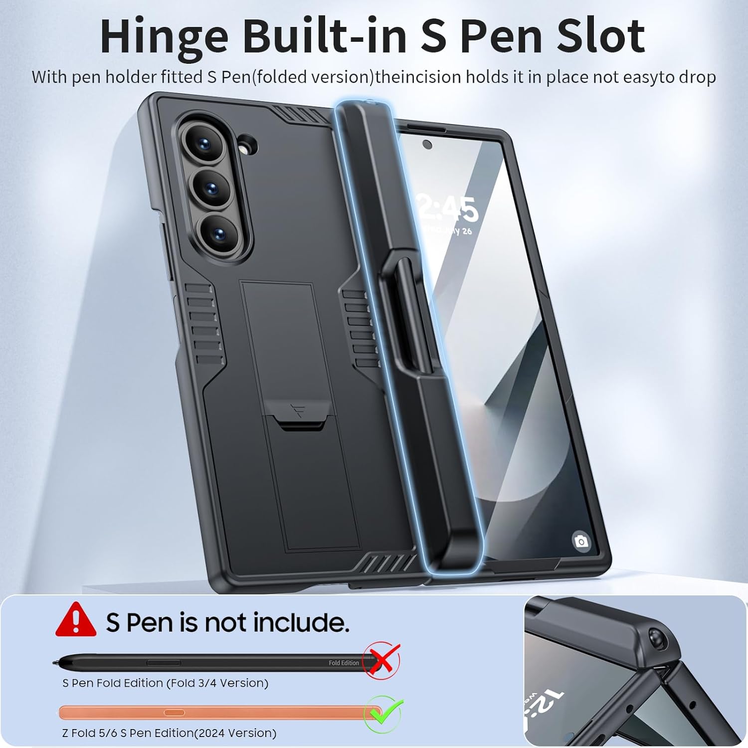 for Samsung Galaxy Z Fold 6 Case with S Pen Holder & Stand, [Hinge Protection & Tempered Screen Protector] Full Body Heavy Duty Shockproof Slim Wireless Charging Case for Z Fold 6 (Black)