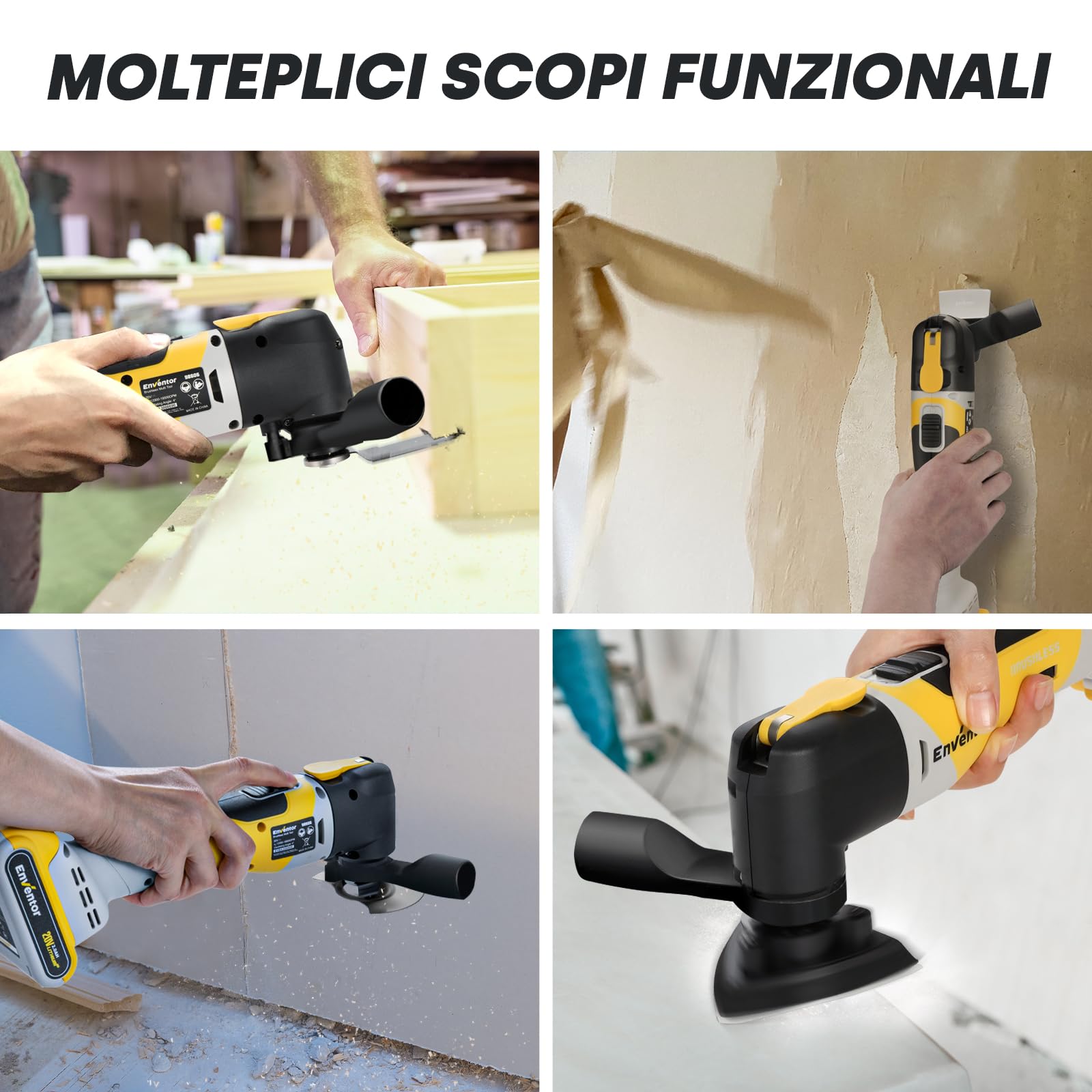 Enventor Utensile Multifunzione Oscillante a Batteria da 20V Brushless, 12000-19500RPM, 6 Velocità Regolabili, 4° Angolo di Oscillazione, 28 Accessori, Per Raschiatura, Taglio, Lucidatura
