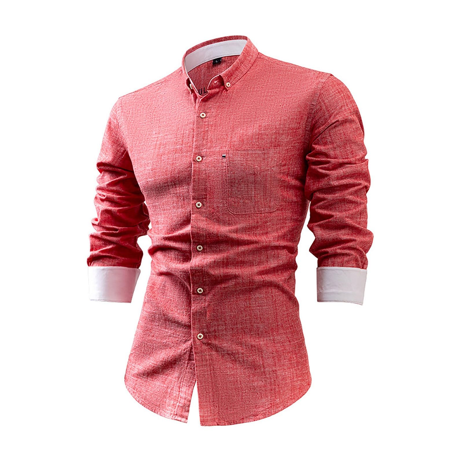 Generico Camicie Lino Uomo-Camicia da Uomo in Lino 2025, Tinta Unita, con Fibbia, Traspirante, Casual, da Lavoro, Sportiva, a Maniche Lunghe, per Uomo