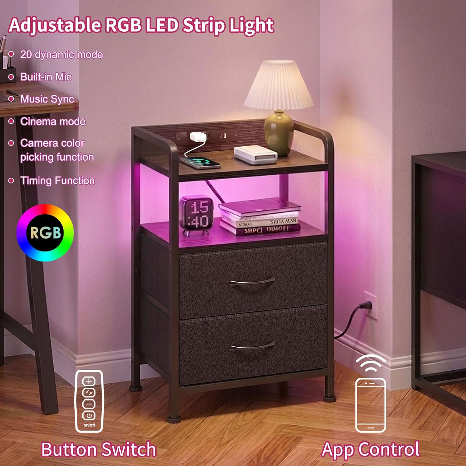 Fixwal Night Stand for Men Bedroom with 2 Fabric Storage Drawers and Shelves, Nightstand with Charging Station & LED Lights, Black
