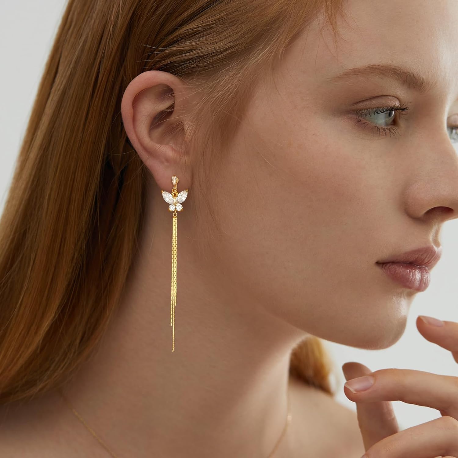 Clip on Earrings for Women Butterfly Earrings Cubic Zirconia 925 Sterling Silver Plated Long Tassel Dangle Drop Clip Earrings Non Pierced Earrings for Women Jewelry Gifts Wedding Party - Image 2