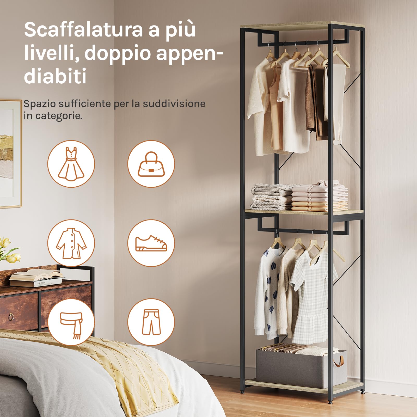 WOLTU Stand Appendiabiti in Legno Attaccapanni Guardaroba per Cameretta Scaffale Porta Abiti 60x40x213 cm