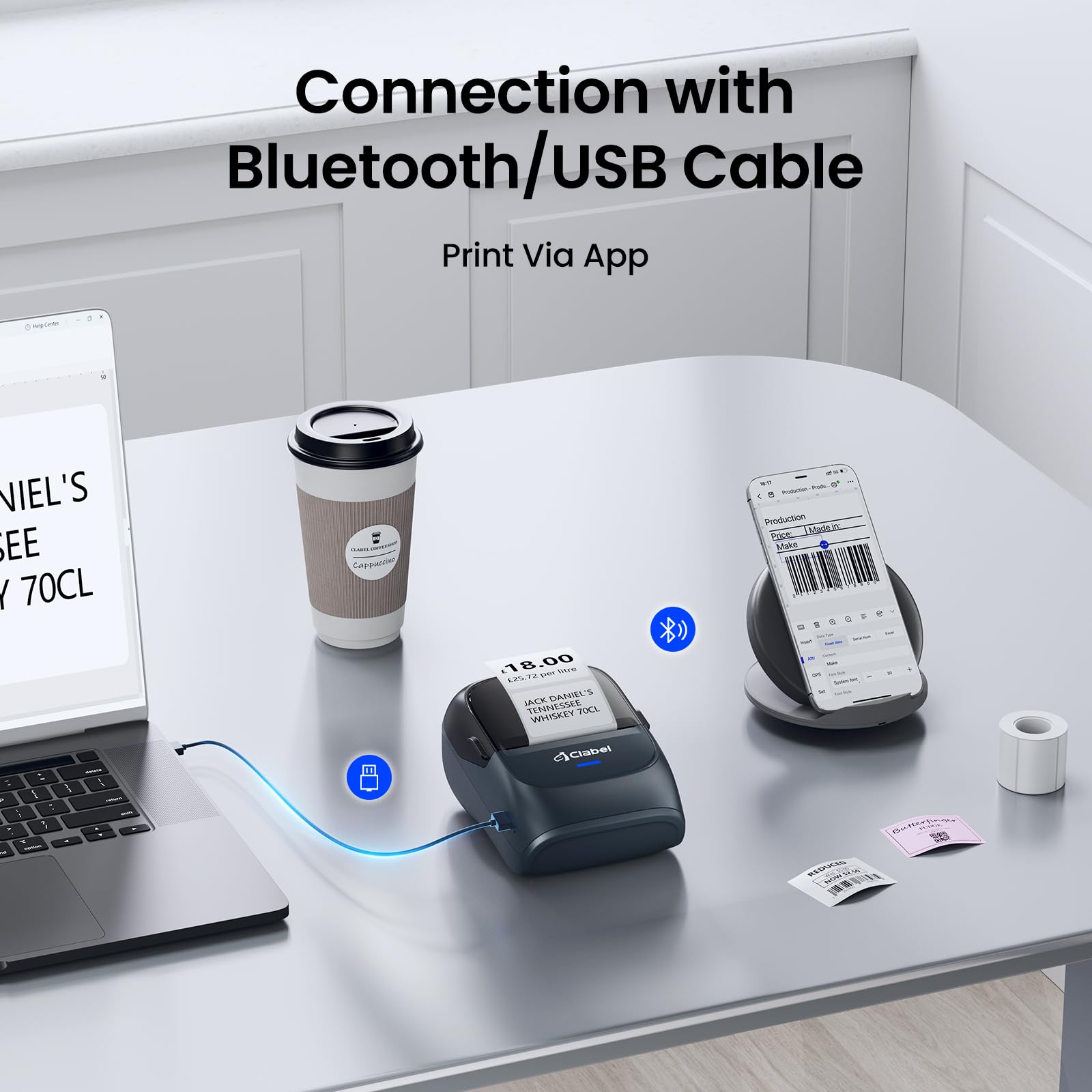 CLABEL Mini Stampante Etichette Portatile 221B Bluetooth Termica Etichettatrice Adesive Codice a Barre iOS Android Label Printer