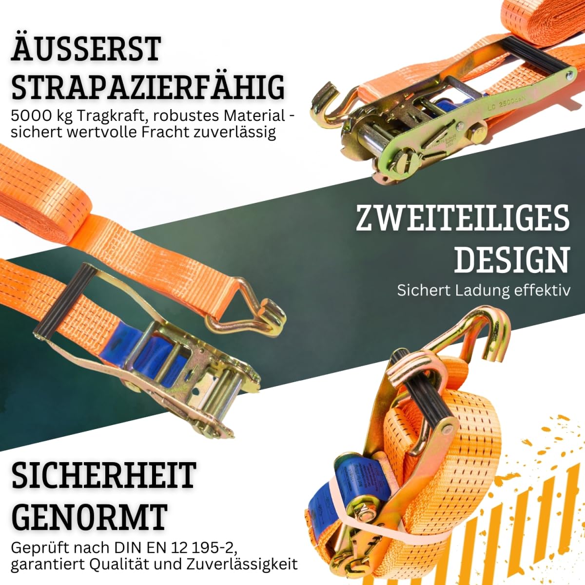 Safetytex Spanngurt zweiteilig 5t 10m 2500kg 5000 kg daN Zurrgurte 2teilig LKW Anhänger 5 to 10 Meter (6 Stück)