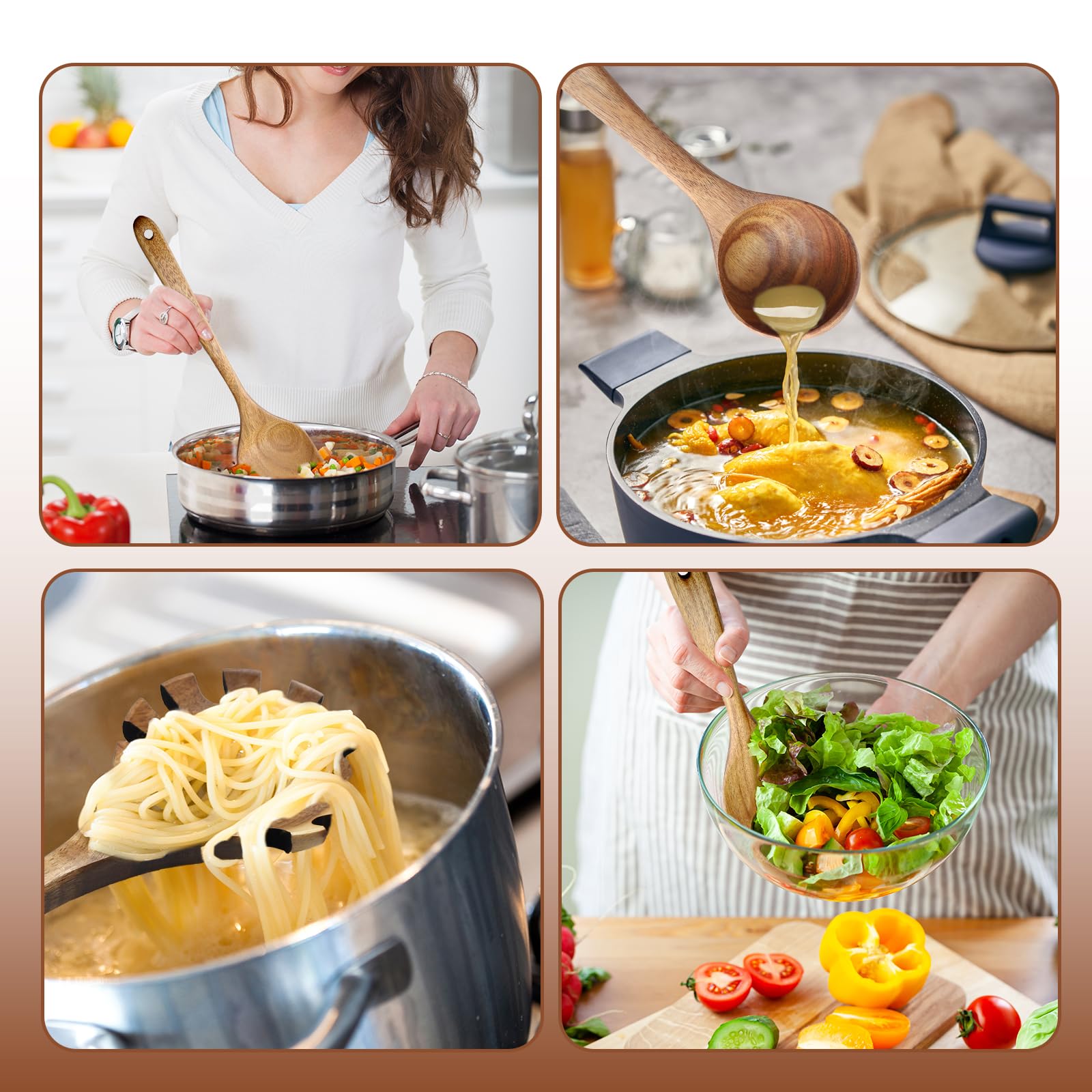 13 Pièces Ustensiles de Cuisine en Bois Ustensiles en Bois de Teck Cuillères et Spatule pour la Cuisine avec support,repose-cuillère et crochets